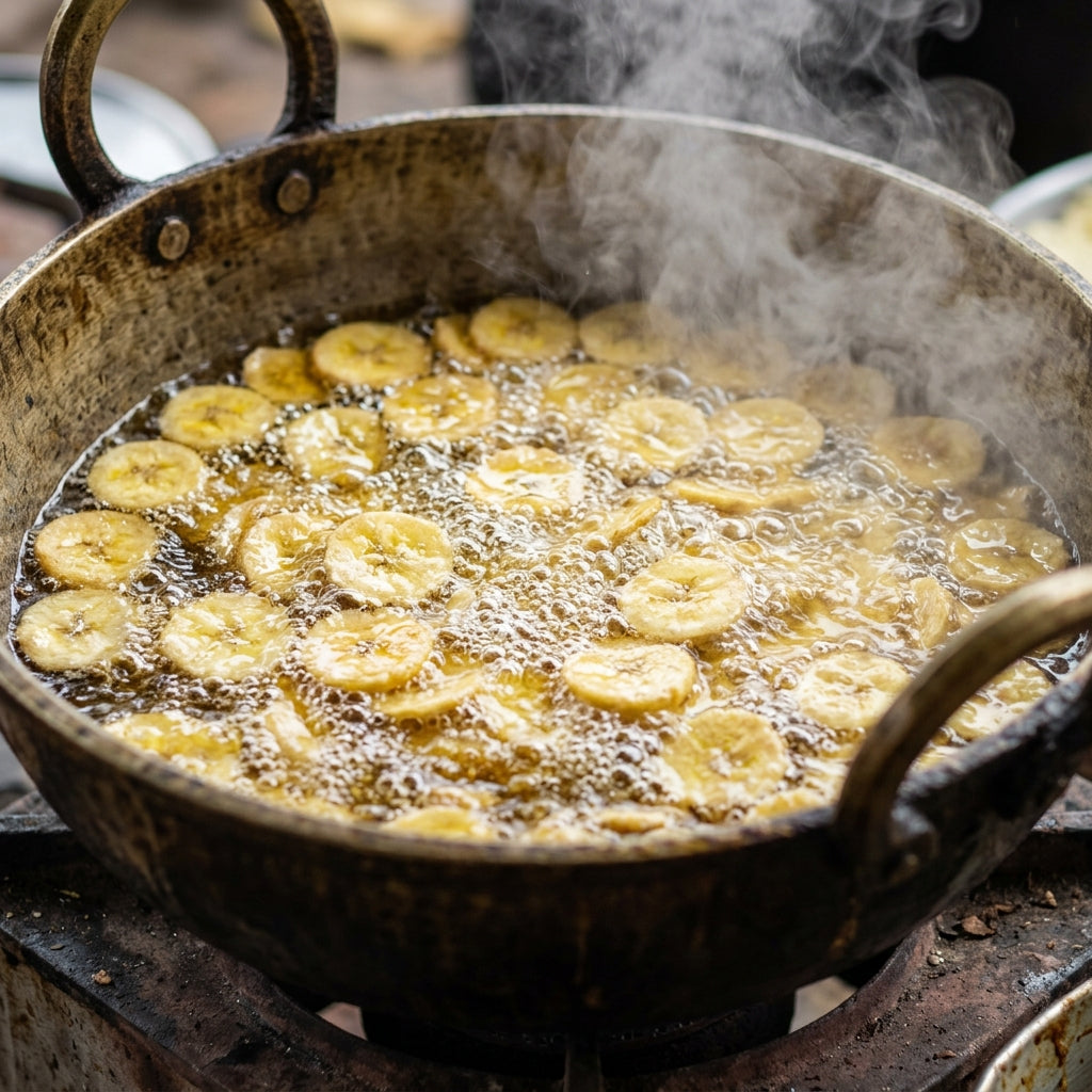 Traditional wood-fired frying kitchen in Kerala